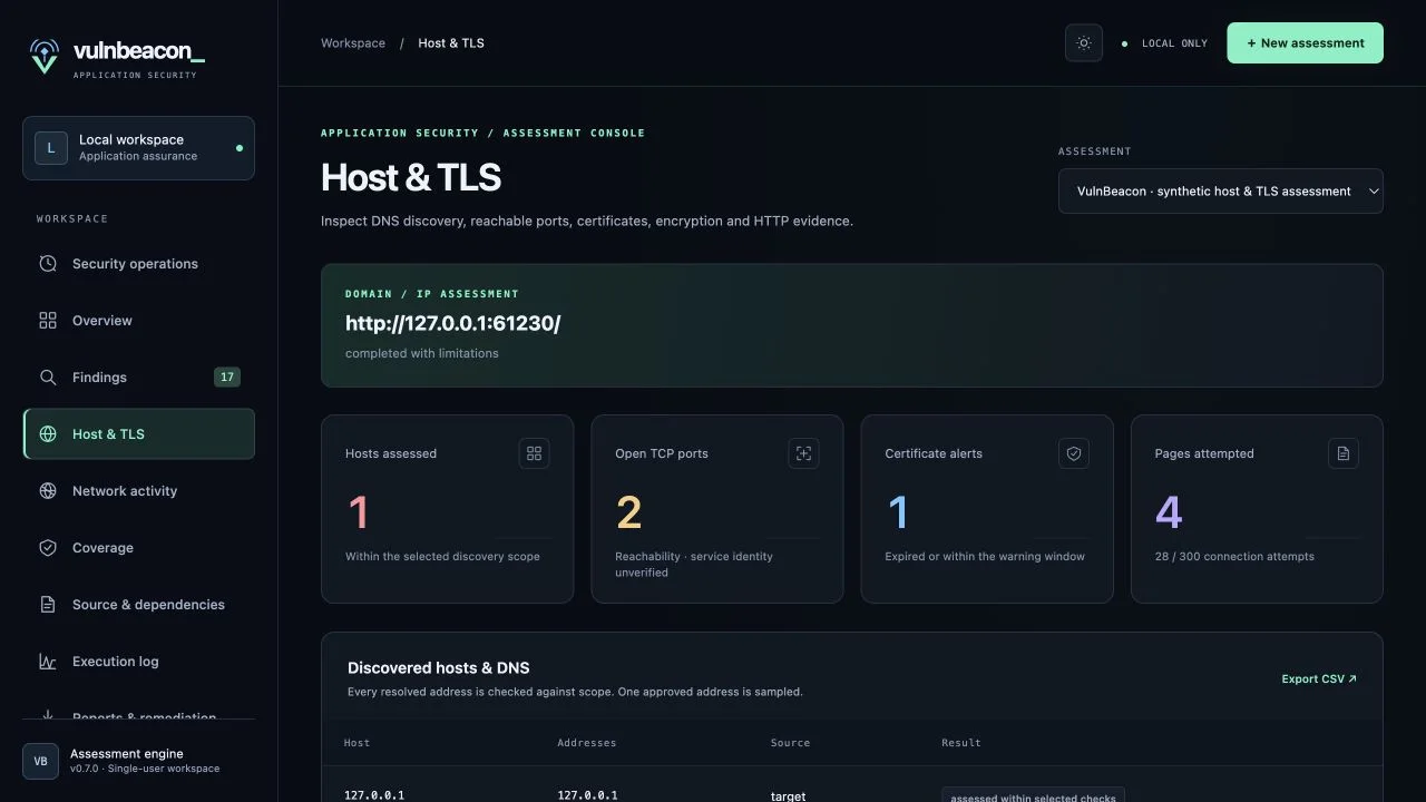 VulnBeacon host and TLS view from a synthetic assessment, displaying certificate and transport observations.